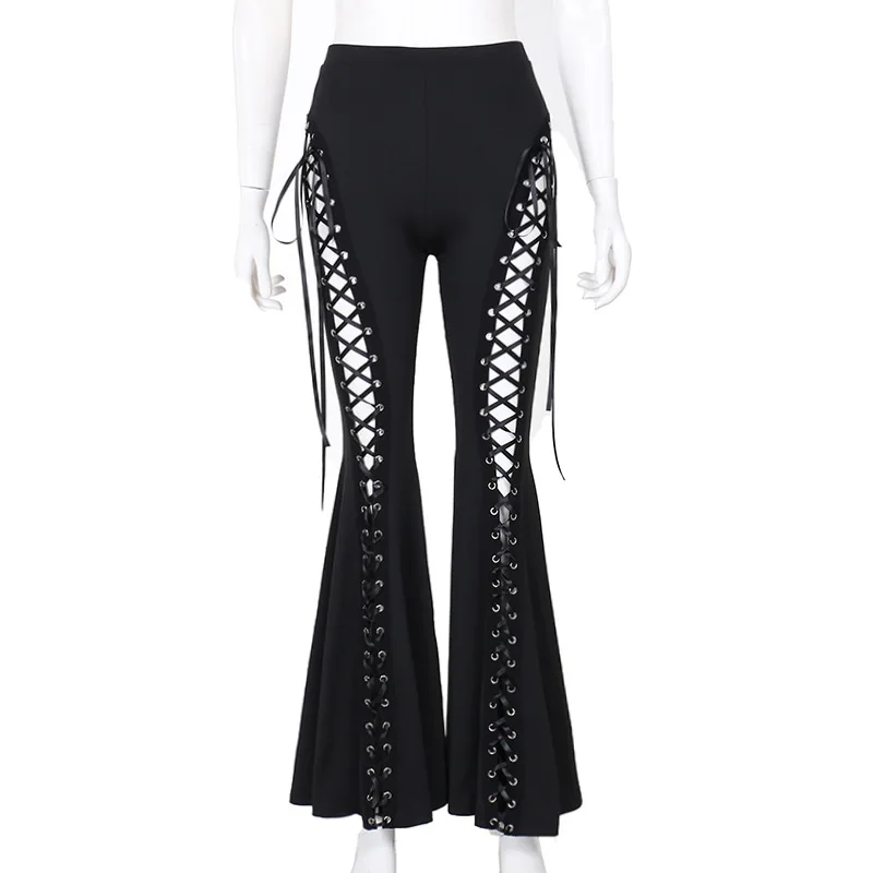 AltGoth Streetwear Gothic Pants Women Harajuku Cyber Punk Eyelet Lace-up Hollow Out High Waist Flare Pants Y2k Grunge Trousers