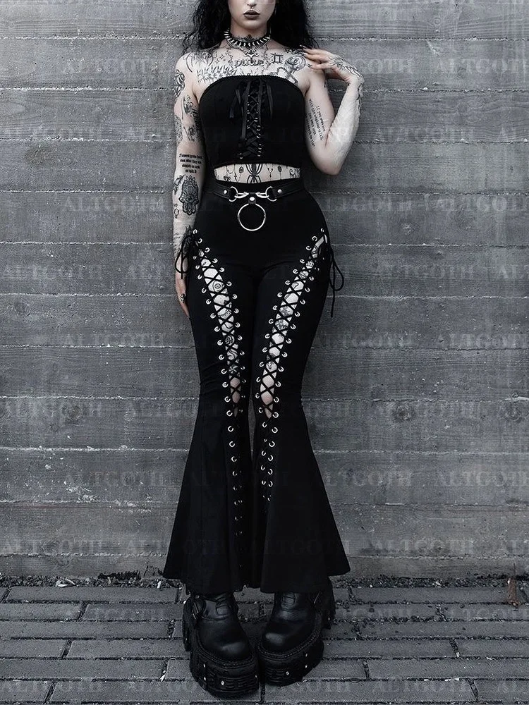AltGoth Streetwear Gothic Pants Women Harajuku Cyber Punk Eyelet Lace-up Hollow Out High Waist Flare Pants Y2k Grunge Trousers