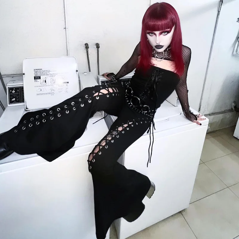 AltGoth Streetwear Gothic Pants Women Harajuku Cyber Punk Eyelet Lace-up Hollow Out High Waist Flare Pants Y2k Grunge Trousers
