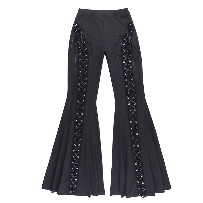 AltGoth Streetwear Gothic Pants Women Harajuku Cyber Punk Eyelet Lace-up Hollow Out High Waist Flare Pants Y2k Grunge Trousers