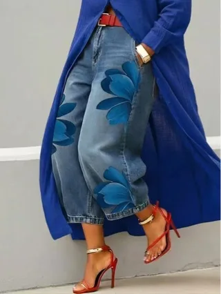 Women's Casual Floral Print Loose Jeans Fashion High Waist Cropped Wide Leg Denim Pants Chic New Daily Street Plus Size Trousers