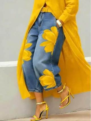 Women's Casual Floral Print Loose Jeans Fashion High Waist Cropped Wide Leg Denim Pants Chic New Daily Street Plus Size Trousers