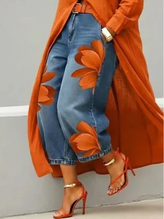 Women's Casual Floral Print Loose Jeans Fashion High Waist Cropped Wide Leg Denim Pants Chic New Daily Street Plus Size Trousers