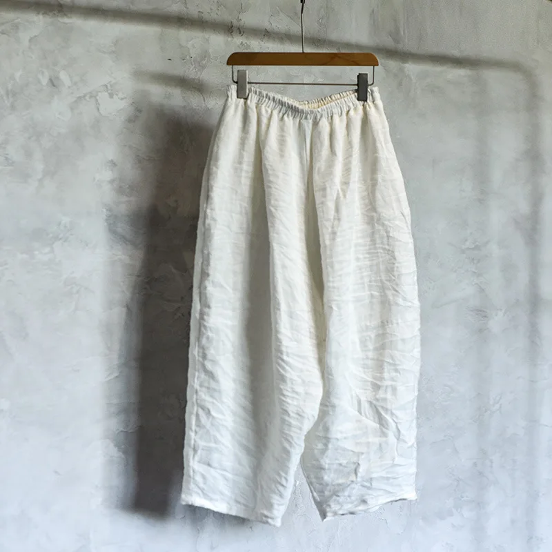 Women Loose Causal Ramie Wide Leg Autumn Pants Ladies Retro Solid Ramie Calf Length Pants Female 2026 Vintage Harem Trousers