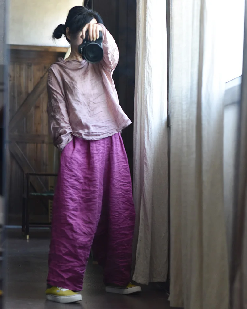 Women Loose Causal Ramie Wide Leg Autumn Pants Ladies Retro Solid Ramie Calf Length Pants Female 2026 Vintage Harem Trousers