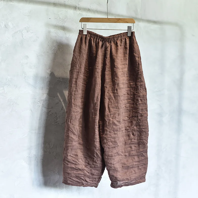 Women Loose Causal Ramie Wide Leg Autumn Pants Ladies Retro Solid Ramie Calf Length Pants Female 2026 Vintage Harem Trousers