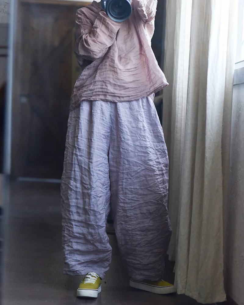 Women Loose Causal Ramie Wide Leg Autumn Pants Ladies Retro Solid Ramie Calf Length Pants Female 2026 Vintage Harem Trousers