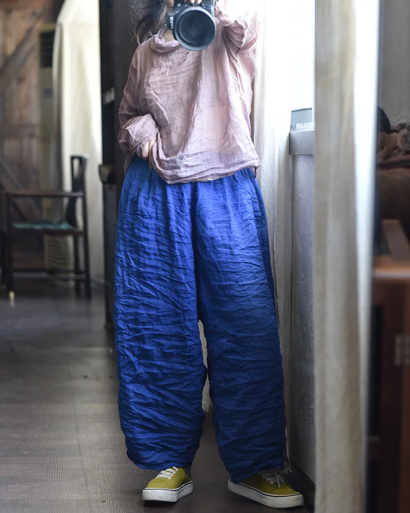Women Loose Causal Ramie Wide Leg Autumn Pants Ladies Retro Solid Ramie Calf Length Pants Female 2026 Vintage Harem Trousers