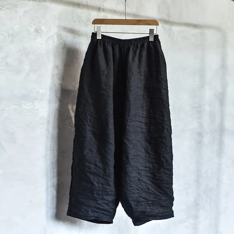 Women Loose Causal Ramie Wide Leg Autumn Pants Ladies Retro Solid Ramie Calf Length Pants Female 2026 Vintage Harem Trousers