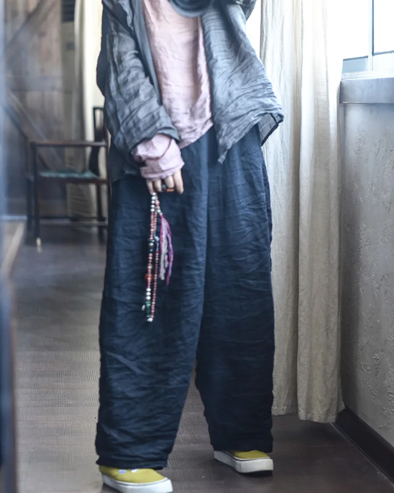 Women Loose Causal Ramie Wide Leg Autumn Pants Ladies Retro Solid Ramie Calf Length Pants Female 2026 Vintage Harem Trousers