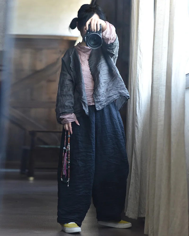 Women Loose Causal Ramie Wide Leg Autumn Pants Ladies Retro Solid Ramie Calf Length Pants Female 2026 Vintage Harem Trousers