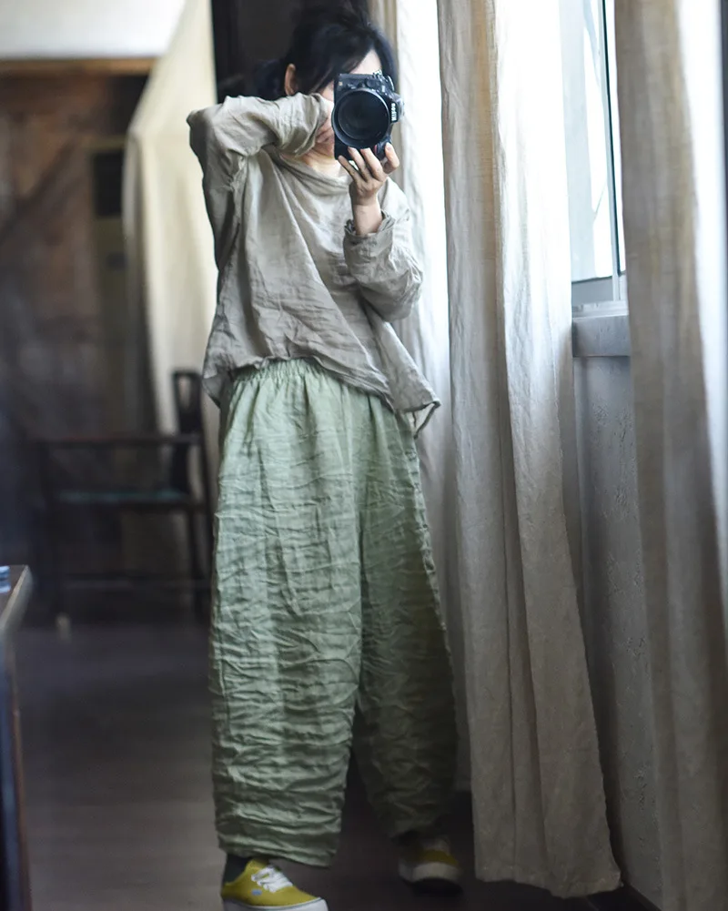 Women Loose Causal Ramie Wide Leg Autumn Pants Ladies Retro Solid Ramie Calf Length Pants Female 2026 Vintage Harem Trousers