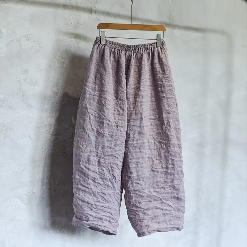 Women Loose Causal Ramie Wide Leg Autumn Pants Ladies Retro Solid Ramie Calf Length Pants Female 2026 Vintage Harem Trousers