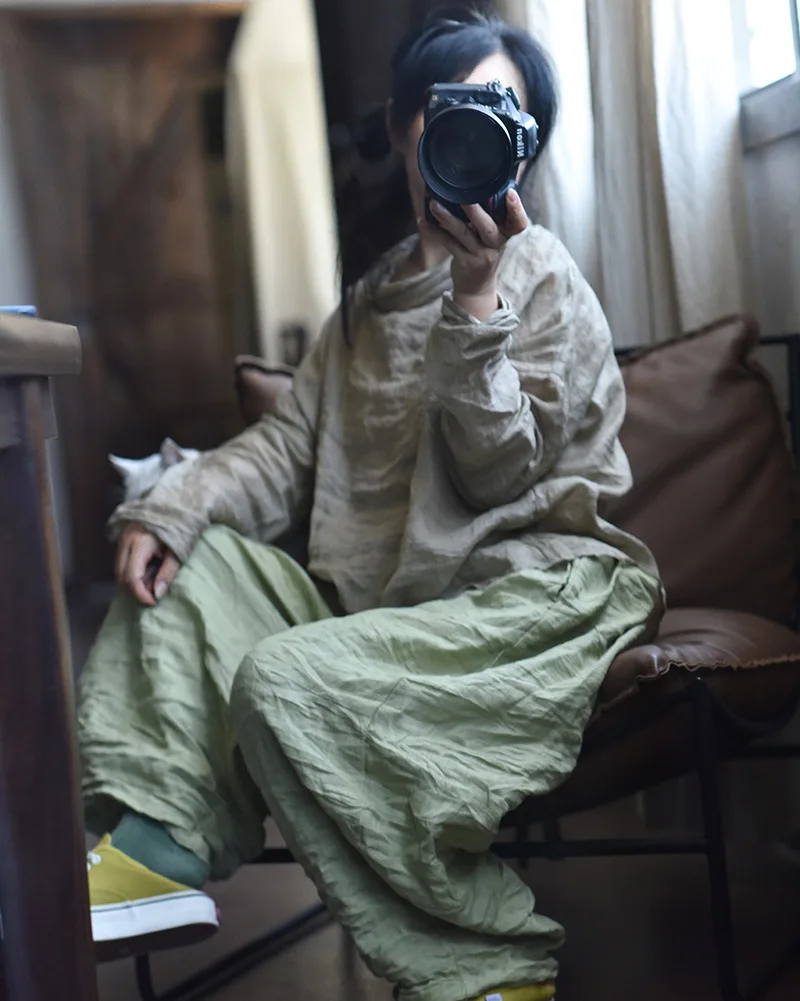 Women Loose Causal Ramie Wide Leg Autumn Pants Ladies Retro Solid Ramie Calf Length Pants Female 2026 Vintage Harem Trousers