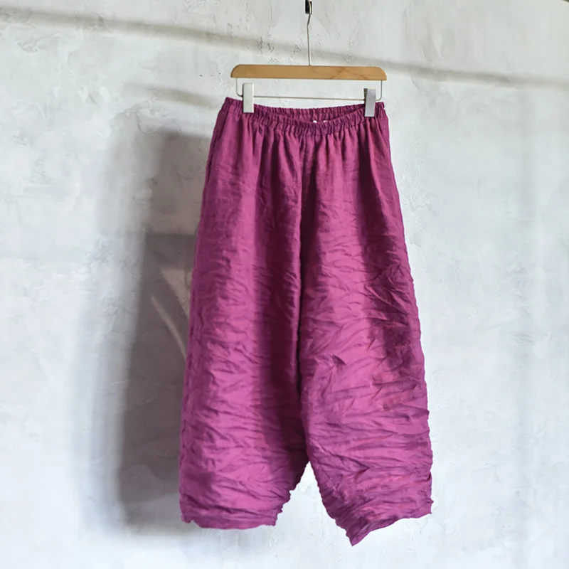 Women Loose Causal Ramie Wide Leg Autumn Pants Ladies Retro Solid Ramie Calf Length Pants Female 2026 Vintage Harem Trousers