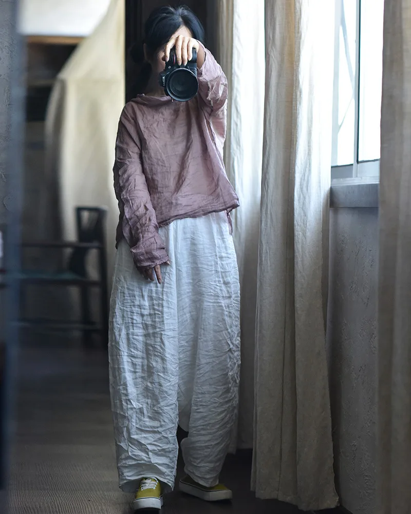 Women Loose Causal Ramie Wide Leg Autumn Pants Ladies Retro Solid Ramie Calf Length Pants Female 2026 Vintage Harem Trousers