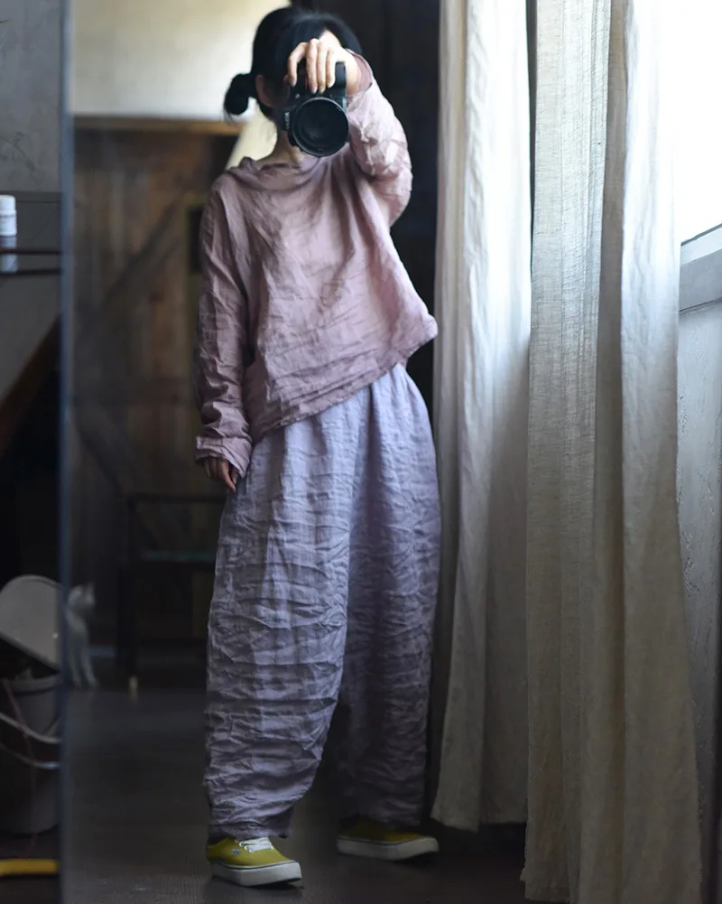 Women Loose Causal Ramie Wide Leg Autumn Pants Ladies Retro Solid Ramie Calf Length Pants Female 2026 Vintage Harem Trousers
