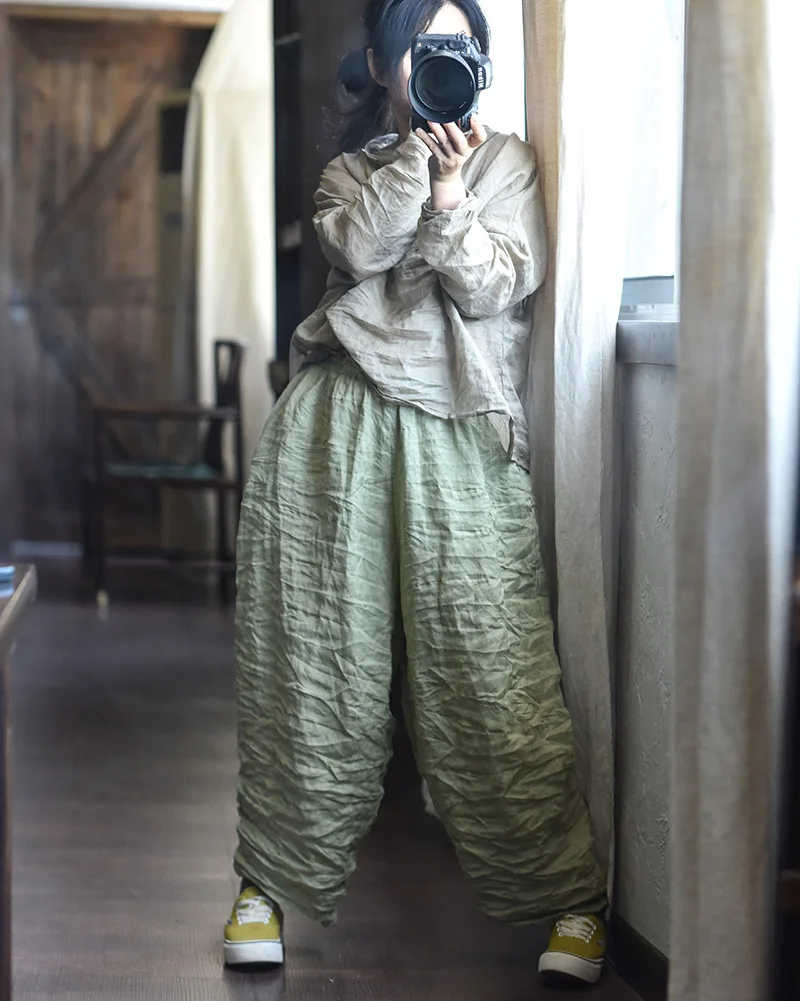 Women Loose Causal Ramie Wide Leg Autumn Pants Ladies Retro Solid Ramie Calf Length Pants Female 2026 Vintage Harem Trousers