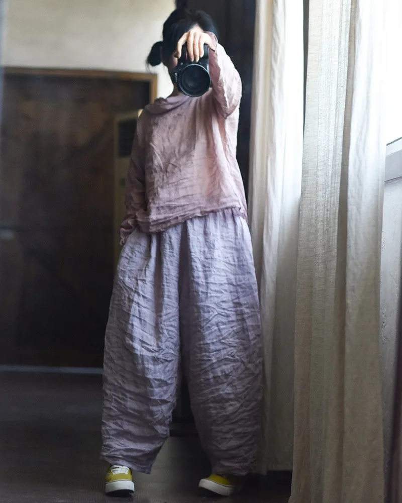 Women Loose Causal Ramie Wide Leg Autumn Pants Ladies Retro Solid Ramie Calf Length Pants Female 2026 Vintage Harem Trousers