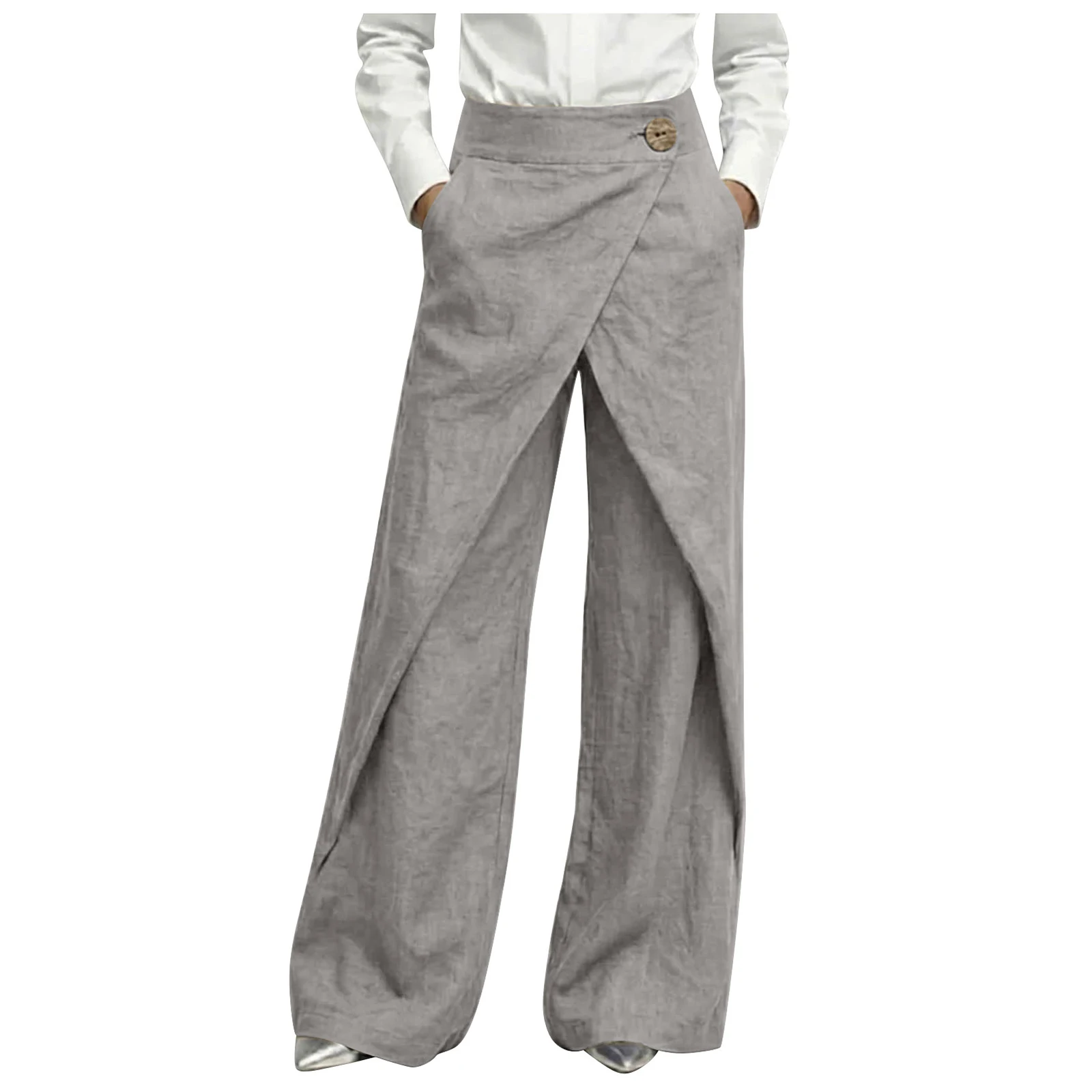 Womens Linen Wrap Wide Leg Pants High Waist Button Decor Asymmetrical Overlap Trousers Casual Loose Fit Office Lady Work Pants