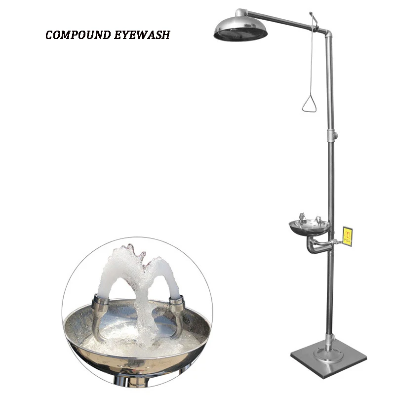 304 Stainless Steel Composite Emergency Shower Eyewash，Factory Inspection Vertical Double Eye Washing Shower Set