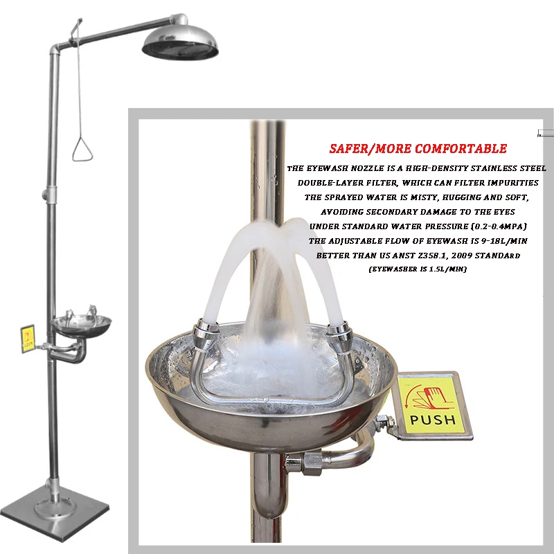 304 Stainless Steel Composite Emergency Shower Eyewash，Factory Inspection Vertical Double Eye Washing Shower Set