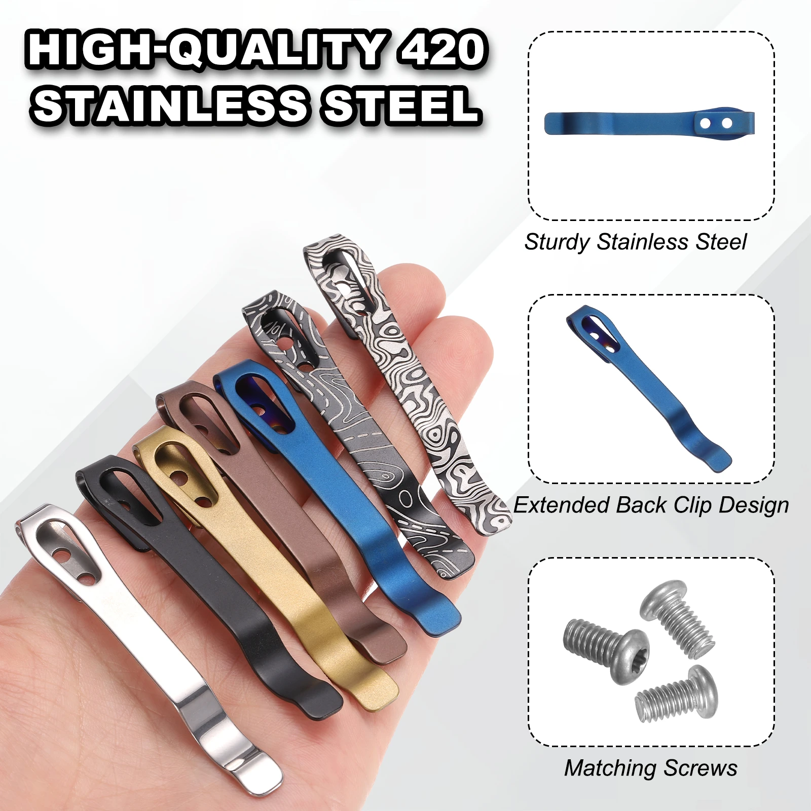 1/2/4Set Deep Carry Pocket Clip 2.6"(66mm) Length Universal Folding Knife Pocket Back Clip w/ Screws Man Knife Replacement Parts
