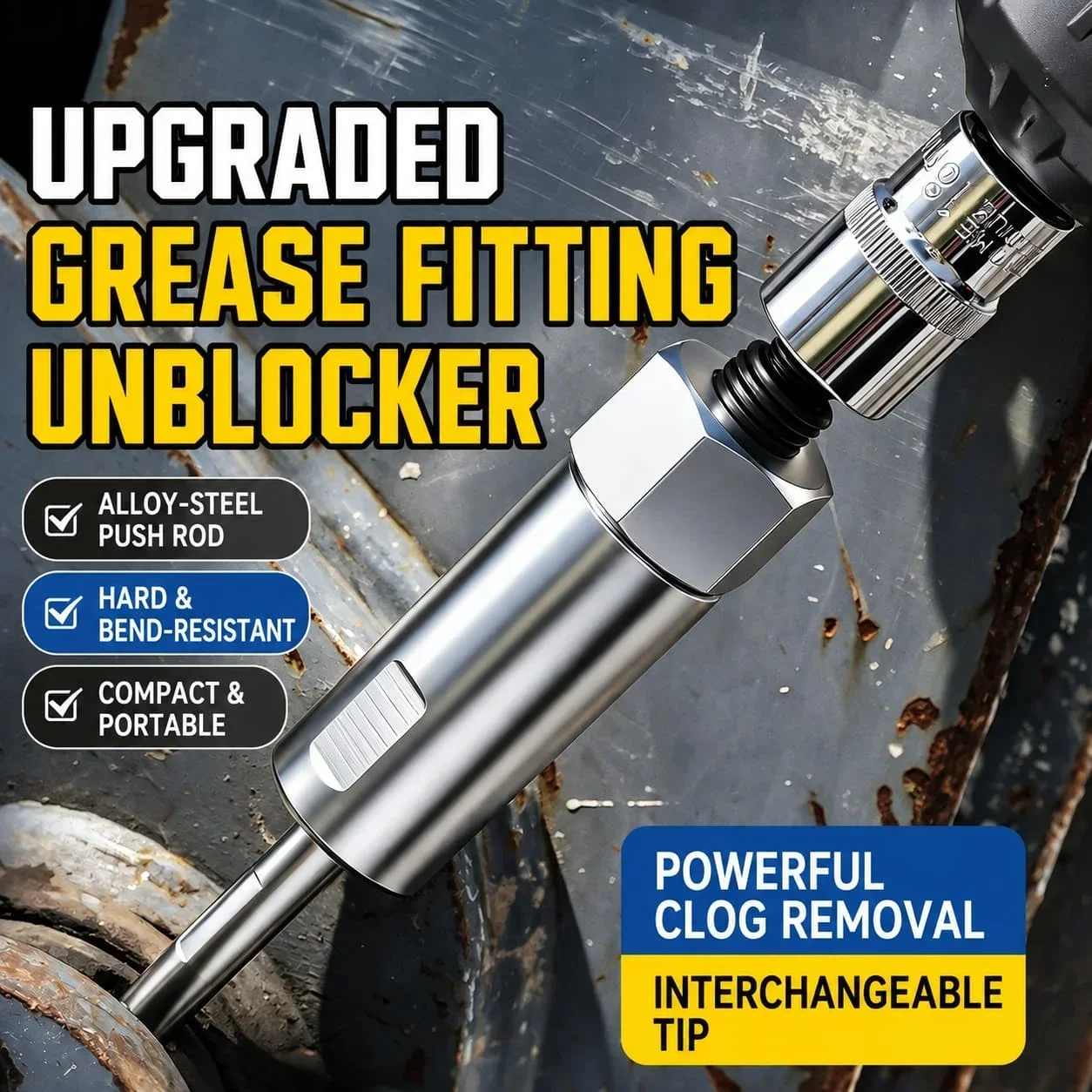 TINSOL Grease Fitting Unblocker Tool Kit with 6/8/10mm Push Rods, Alloy Steel Grease Zerk Cleaner for Auto and Farm Equipment