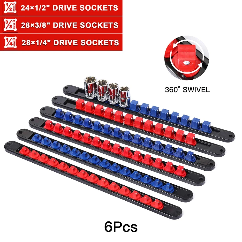 ABS Socket Organizer 1/2 inch 3/8 inch and 1/4 Clip Drive Socket Rail Holders Heavy Duty Socket Racks with Red Blue Black Clips