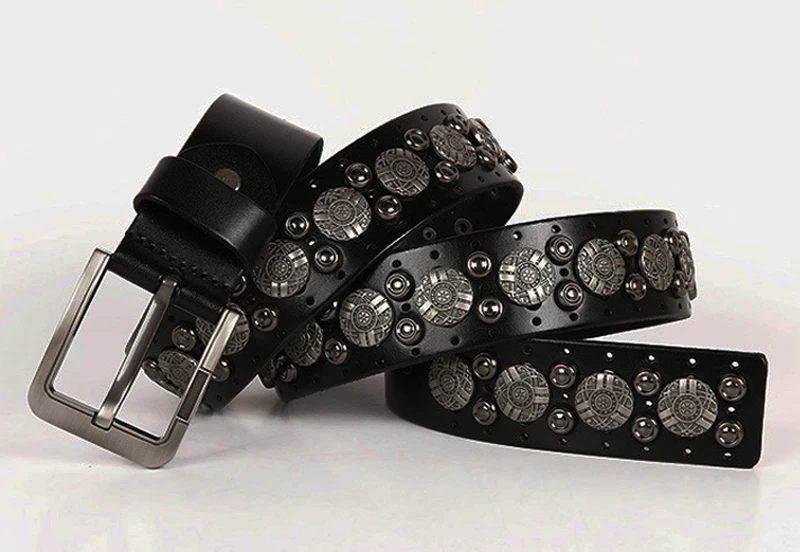 Hip Hop Metal Round Rivet Cowboy Belt Genuine Leather Cowskin Men Belt Punk Big Rivet Jeans Studded Belts For Men Ceinture Homme