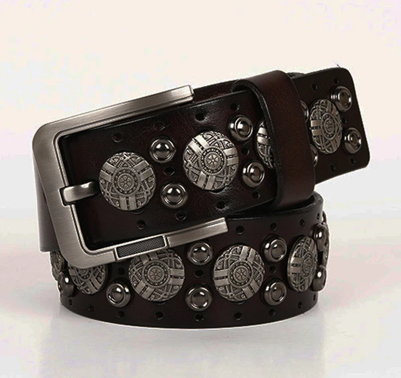 Hip Hop Metal Round Rivet Cowboy Belt Genuine Leather Cowskin Men Belt Punk Big Rivet Jeans Studded Belts For Men Ceinture Homme