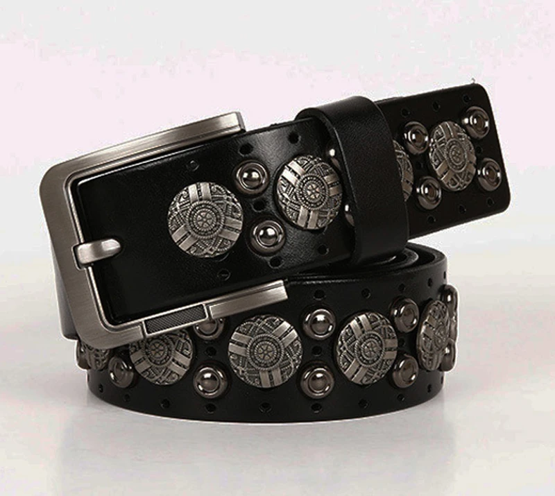 Hip Hop Metal Round Rivet Cowboy Belt Genuine Leather Cowskin Men Belt Punk Big Rivet Jeans Studded Belts For Men Ceinture Homme