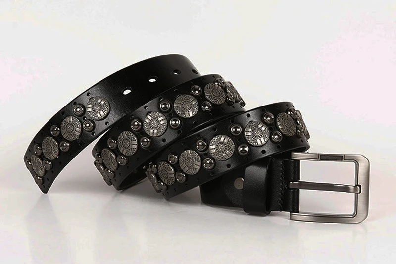 Hip Hop Metal Round Rivet Cowboy Belt Genuine Leather Cowskin Men Belt Punk Big Rivet Jeans Studded Belts For Men Ceinture Homme