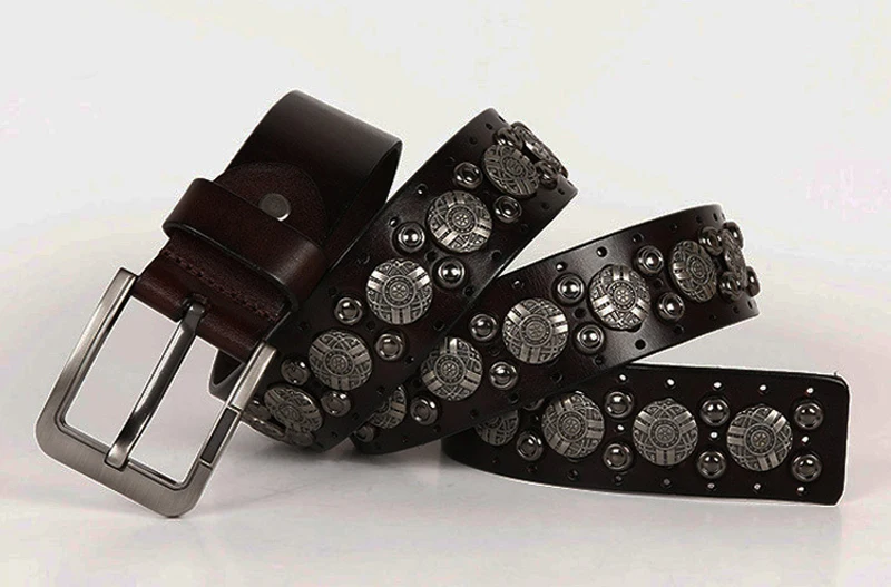 Hip Hop Metal Round Rivet Cowboy Belt Genuine Leather Cowskin Men Belt Punk Big Rivet Jeans Studded Belts For Men Ceinture Homme