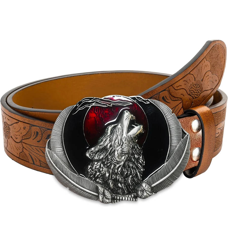 Western Men's Denim Belt Retro Belt Wolf Head Red moon moon Belt Buckle Hip-Hop Personality Retro Style Unisex Matching Jeans/CA