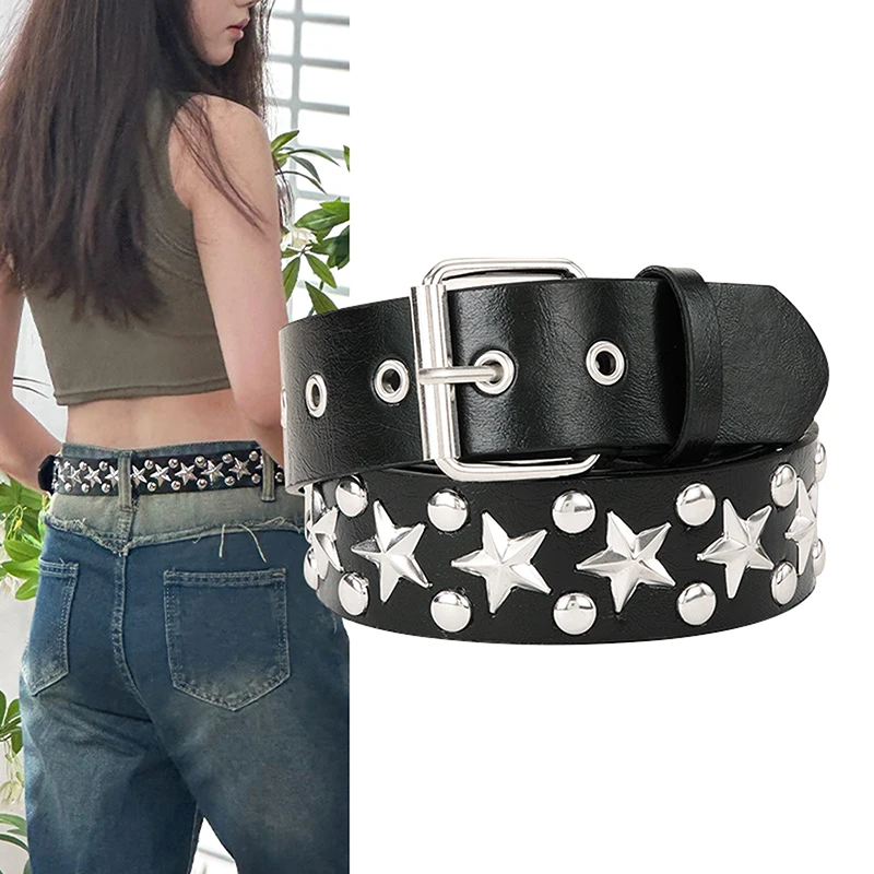 Rivet Hollow Bullet Decoration Belt Fashion Leather Studded Goth Rock Wild Adjustable Women Punk Black Belt