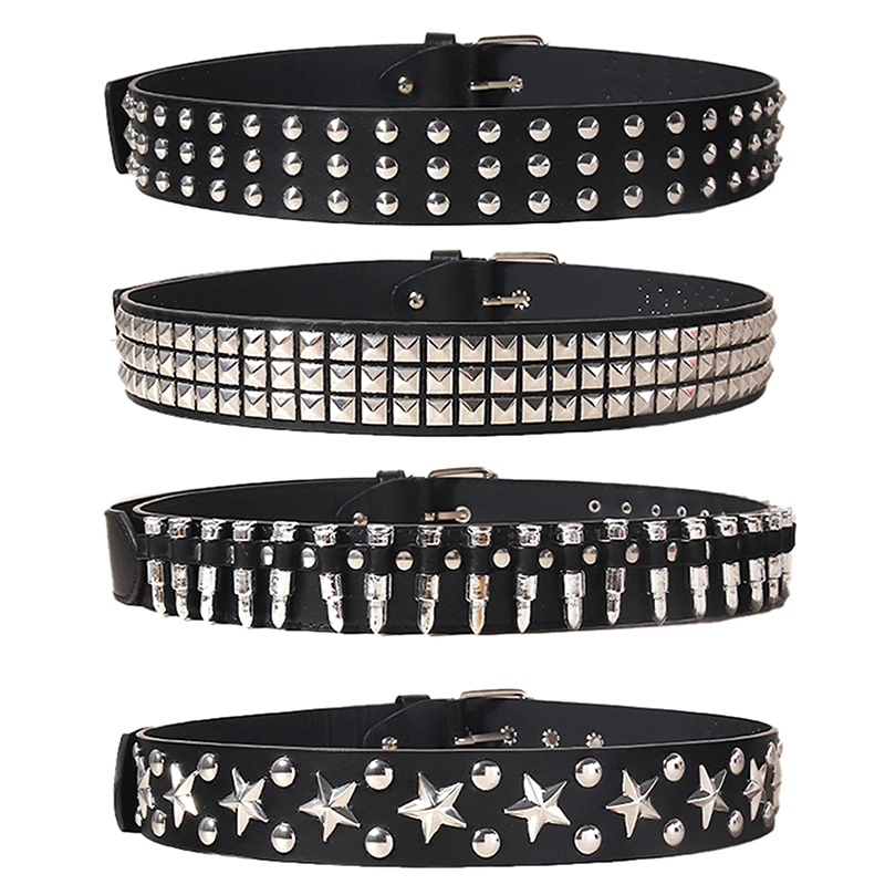 Rivet Hollow Bullet Decoration Belt Fashion Leather Studded Goth Rock Wild Adjustable Women Punk Black Belt