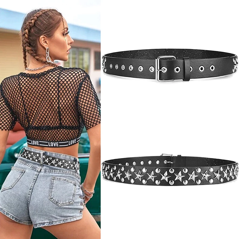 Rivet Hollow Bullet Decoration Belt Fashion Leather Studded Goth Rock Wild Adjustable Women Punk Black Belt