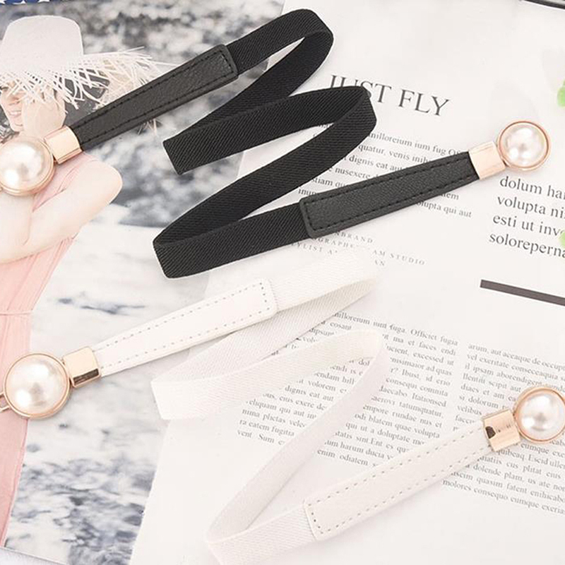 Creative Pearl Buckle Belt PU Leather Dress Skirt Waist Elastic Thin Women Belts Ladies Waistband