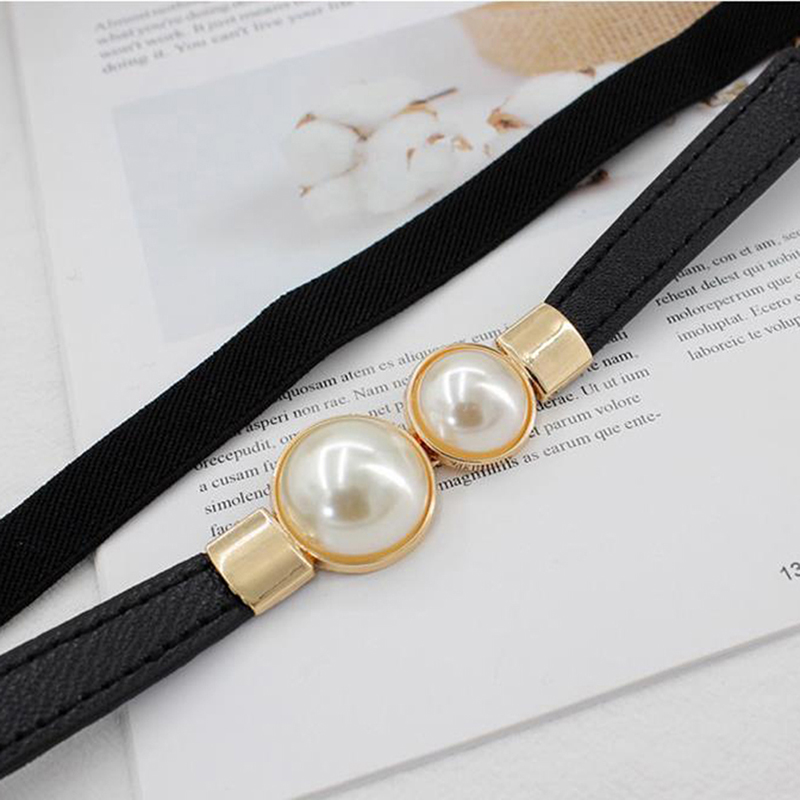 Creative Pearl Buckle Belt PU Leather Dress Skirt Waist Elastic Thin Women Belts Ladies Waistband