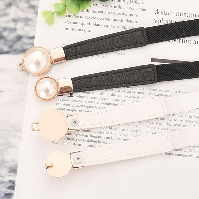 Creative Pearl Buckle Belt PU Leather Dress Skirt Waist Elastic Thin Women Belts Ladies Waistband