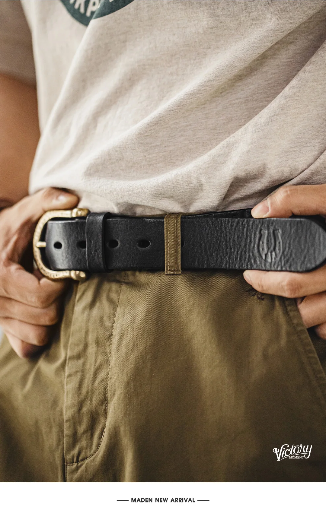 Maden Male Genuine Leather Belt Vintage Hammered Brass Buckle Single Prong Jeans Belt Casual Durable Waist Strap Men's Belt