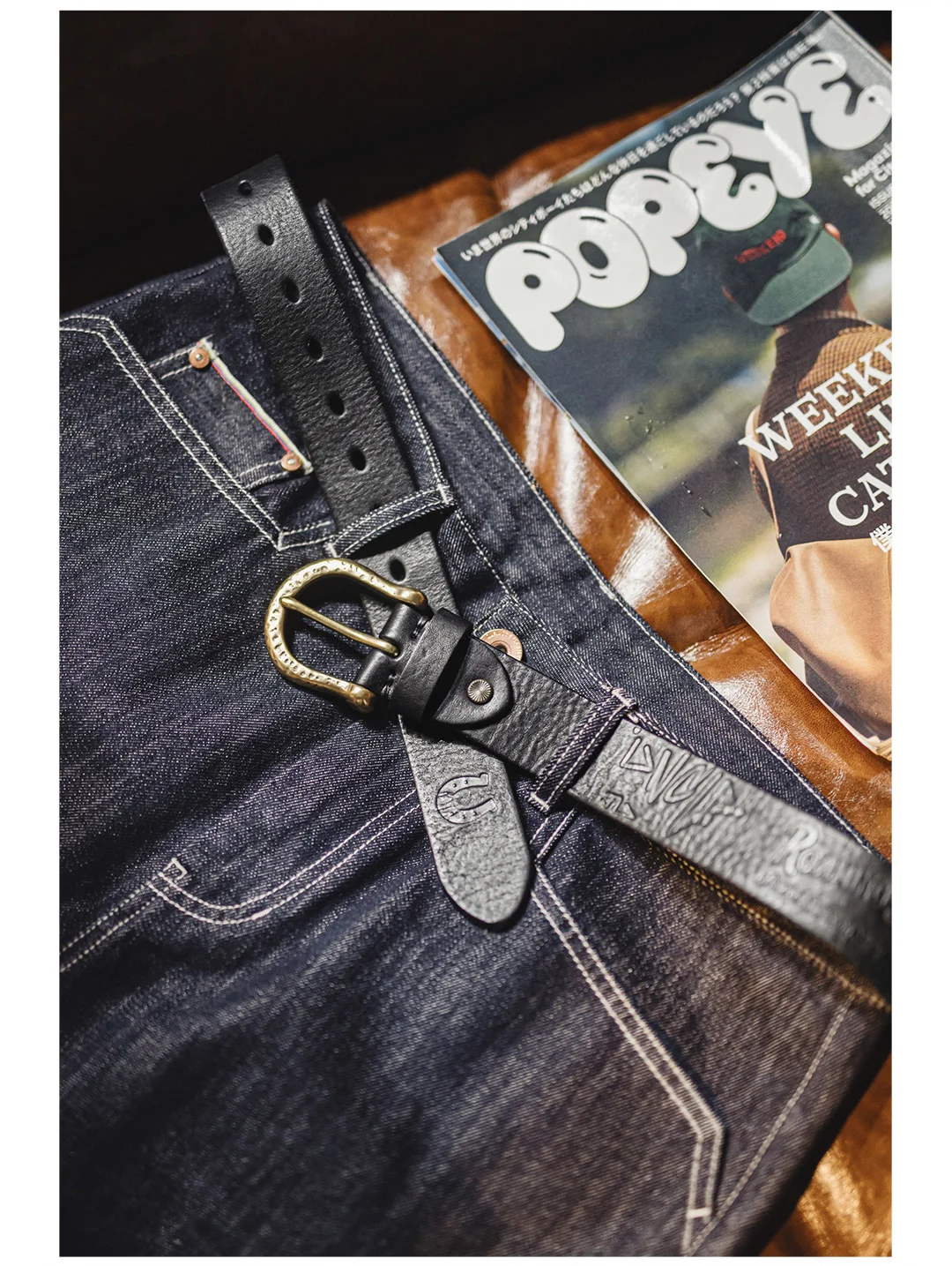 Maden Male Genuine Leather Belt Vintage Hammered Brass Buckle Single Prong Jeans Belt Casual Durable Waist Strap Men's Belt