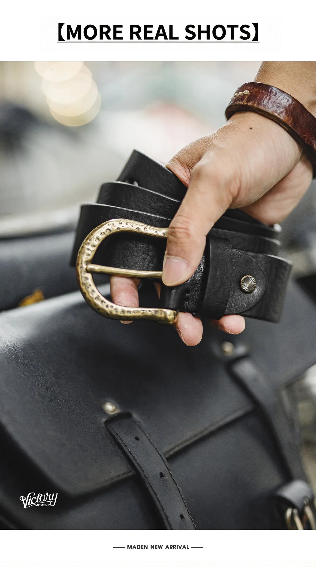 Maden Male Genuine Leather Belt Vintage Hammered Brass Buckle Single Prong Jeans Belt Casual Durable Waist Strap Men's Belt