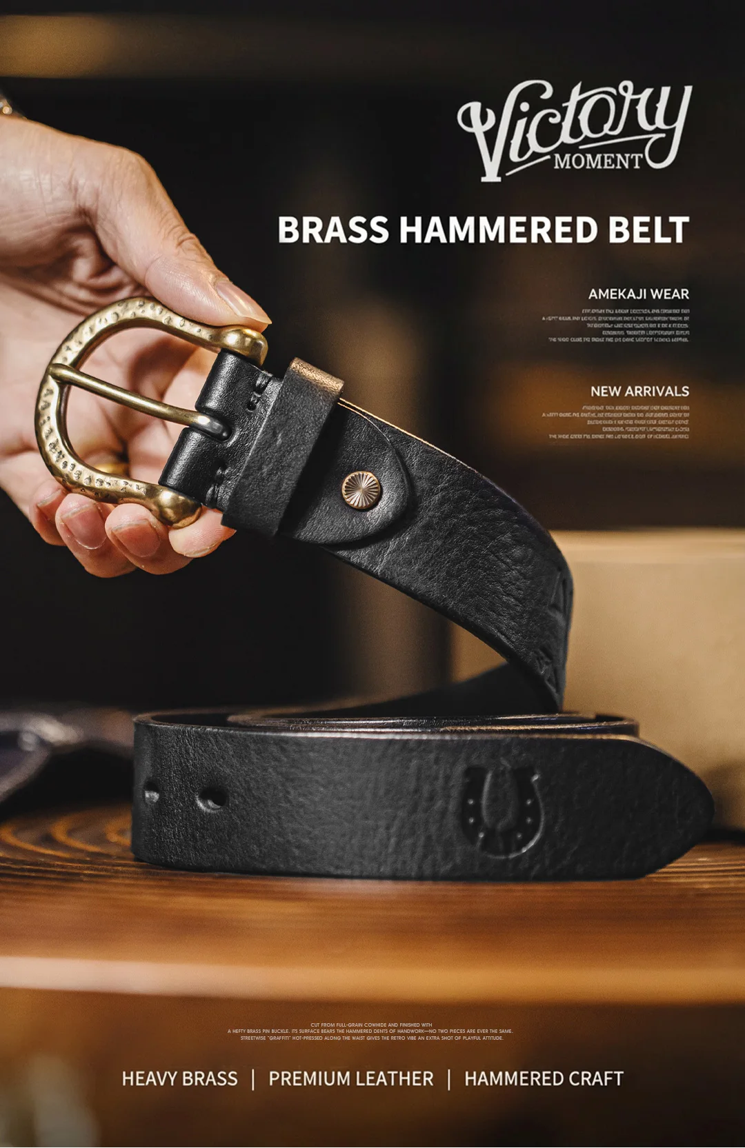 Maden Male Genuine Leather Belt Vintage Hammered Brass Buckle Single Prong Jeans Belt Casual Durable Waist Strap Men's Belt