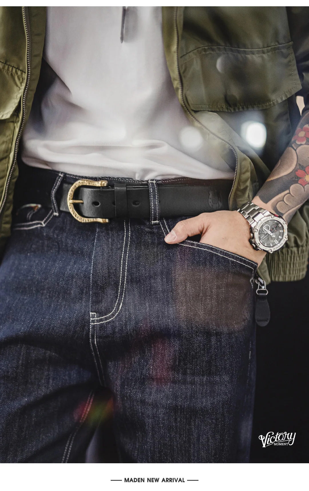 Maden Male Genuine Leather Belt Vintage Hammered Brass Buckle Single Prong Jeans Belt Casual Durable Waist Strap Men's Belt