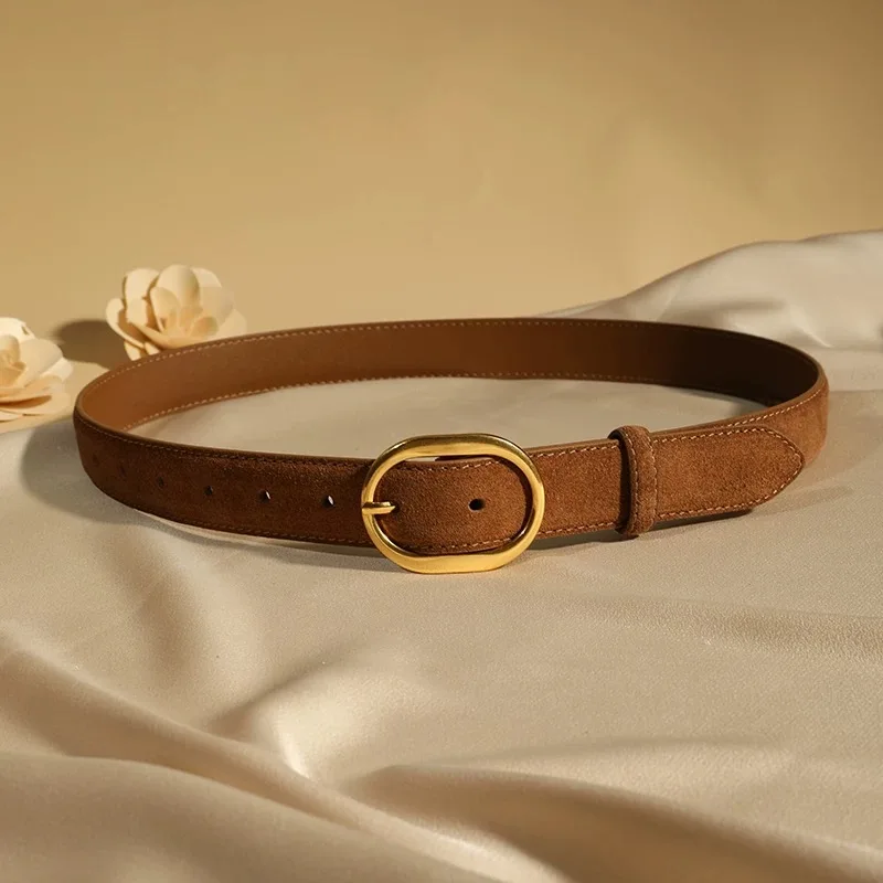 Vintage Women Skinny Belts Suede Cowhide Belt Genuine Leather Belts Ladies Dress Coat Waistband Clothes Decoration Waist Belt