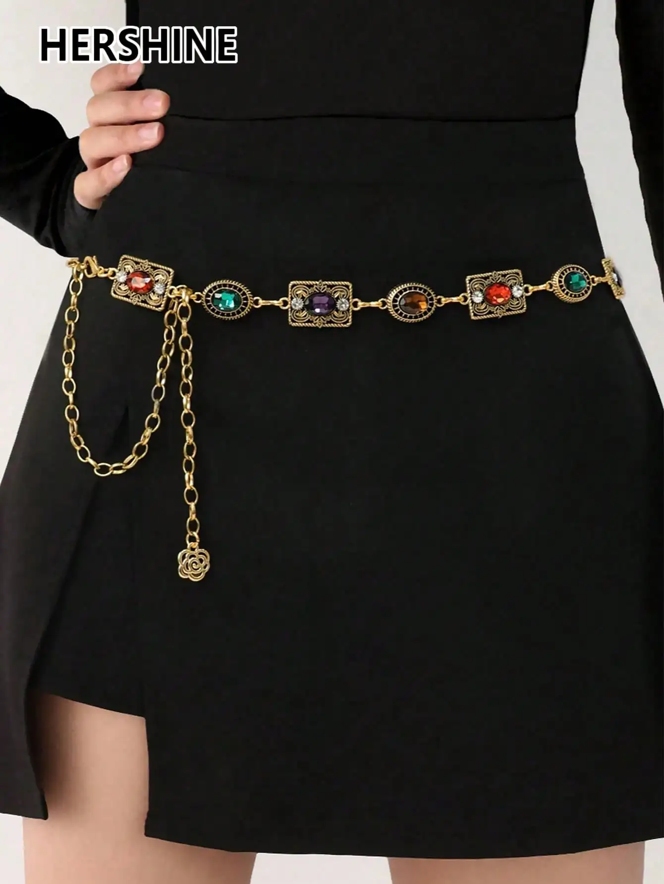 HERSHINE Women's Fashion Colorful Rhinestone Waist Chain, Bohemian Style, Retro Style, Court Style,spring,summer,Christmas