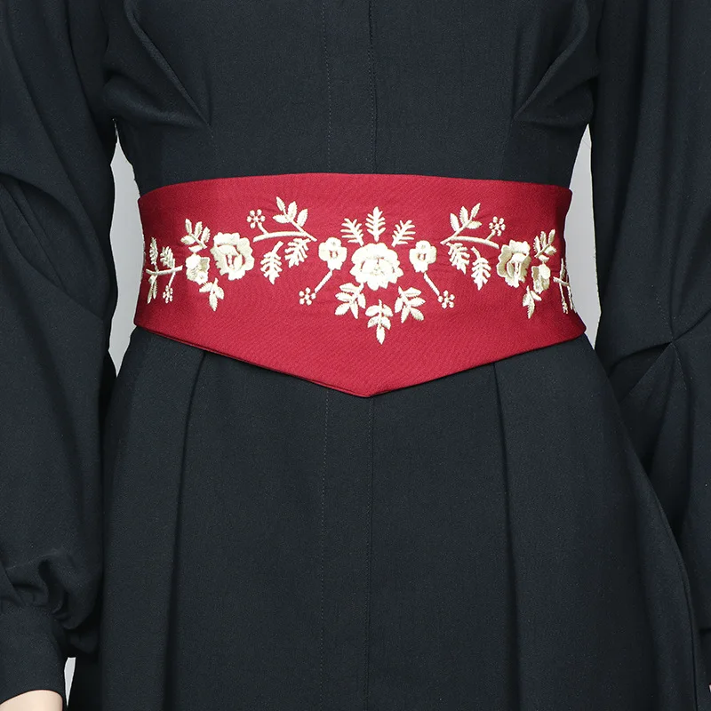 Chinese Tradtional Embroidery Flower Fabric Elastic Waistbands Women Elegant Wide Strechy Waist Belts Embroider Cinturon Flores