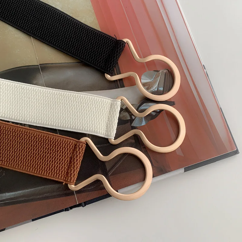 Gold Round Buckle Elastic Women Wide Belt Fashion White Black Brown Stretch Female Waist Belt Ladies Suit Coat Dress Waistband